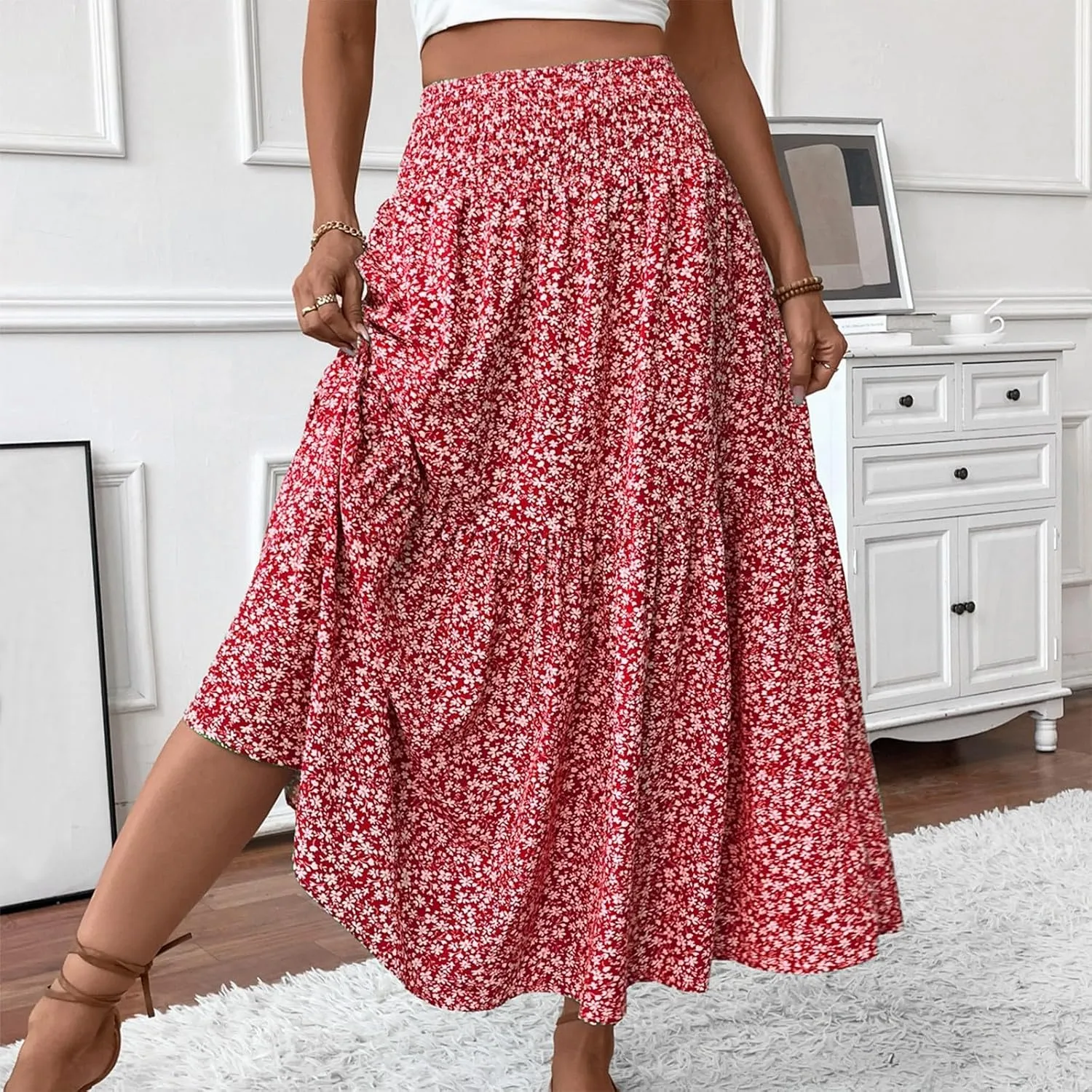Women Summer Boho Floral Smocked Elastic High Waist Flowy Swing Pleated Maxi Skirts Vacation Print A-Line Long Skirts
