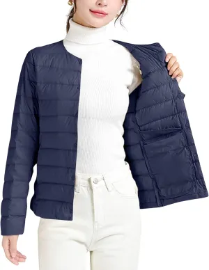 Women Ultra Lightweight Down Jacket Packable Collarless Button Down Quilted Short Puffer Parka Coats Outerwear Pocket