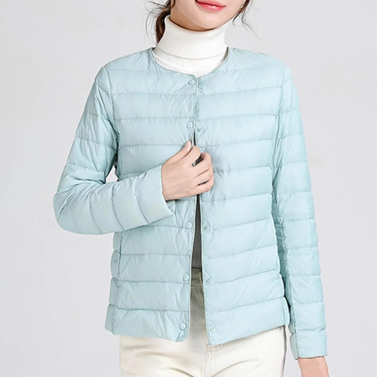 Women Ultra Lightweight Down Jacket Packable Collarless Button Down Quilted Short Puffer Parka Coats Outerwear Pocket