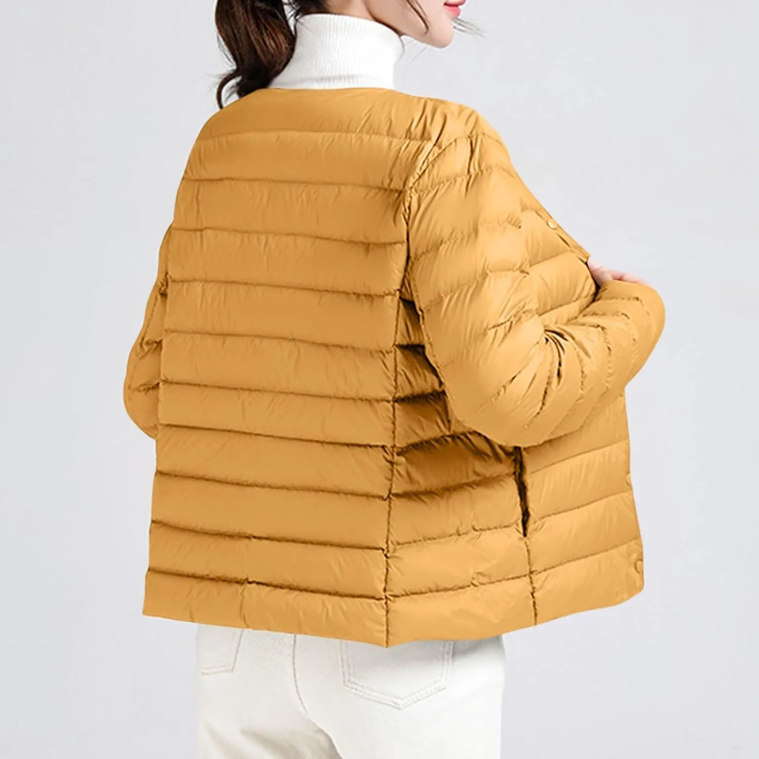 Women Ultra Lightweight Down Jacket Packable Collarless Button Down Quilted Short Puffer Parka Coats Outerwear Pocket