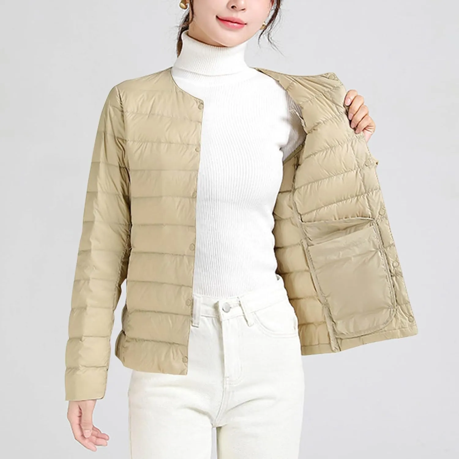 Women Ultra Lightweight Down Jacket Packable Collarless Button Down Quilted Short Puffer Parka Coats Outerwear Pocket