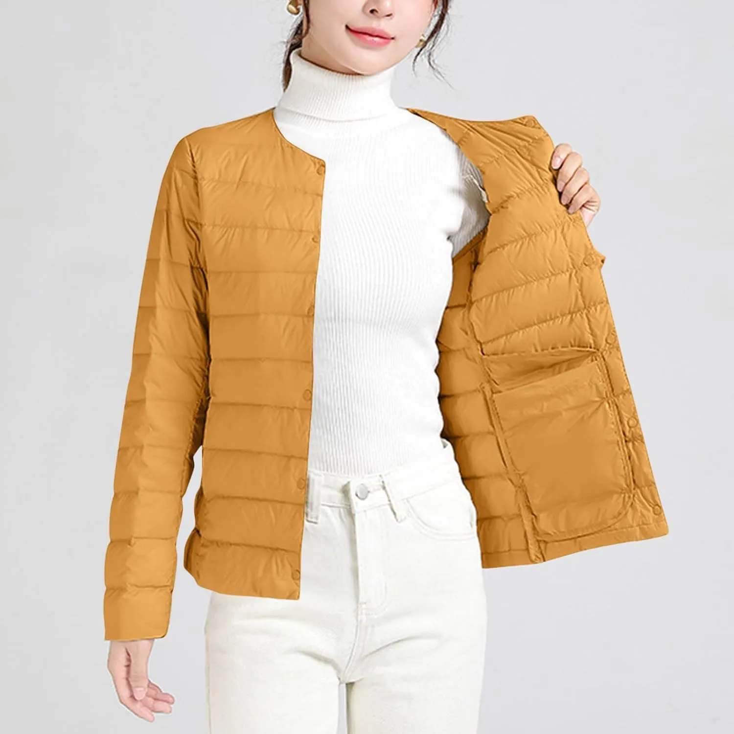 Women Ultra Lightweight Down Jacket Packable Collarless Button Down Quilted Short Puffer Parka Coats Outerwear Pocket