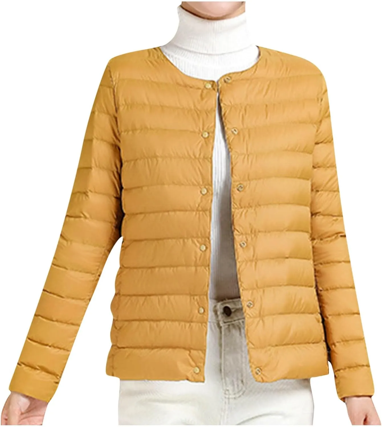 Women Ultra Lightweight Down Jacket Packable Collarless Button Down Quilted Short Puffer Parka Coats Outerwear Pocket