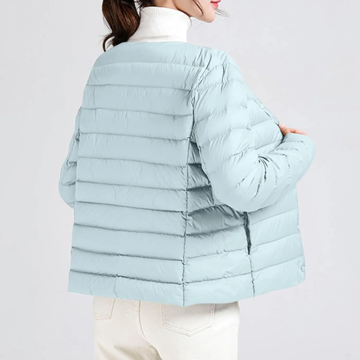 Women Ultra Lightweight Down Jacket Packable Collarless Button Down Quilted Short Puffer Parka Coats Outerwear Pocket