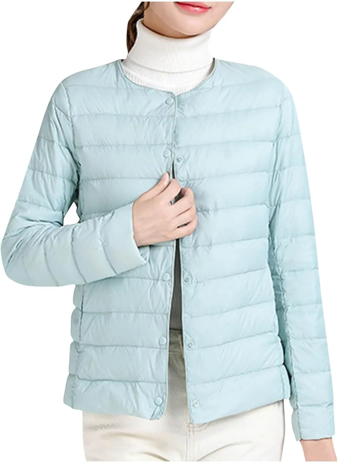 Women Ultra Lightweight Down Jacket Packable Collarless Button Down Quilted Short Puffer Parka Coats Outerwear Pocket