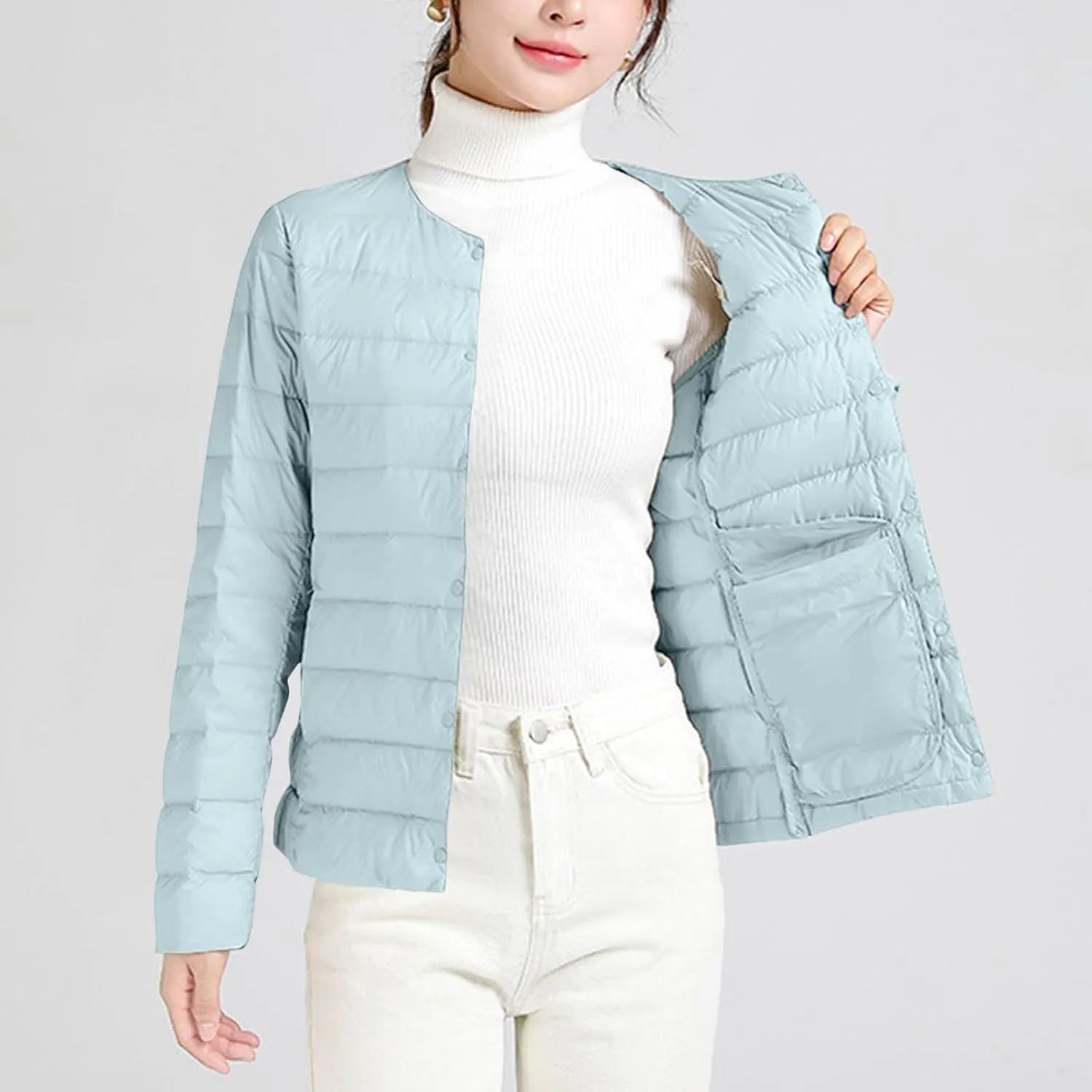 Women Ultra Lightweight Down Jacket Packable Collarless Button Down Quilted Short Puffer Parka Coats Outerwear Pocket