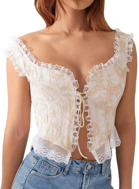 Women Y2k Lace Trim Tank Top Sexy Sleeveless Spaghetti Strap Camisole Slim Fit Tie Up Cami Crop Top Bustier Going Out Tops