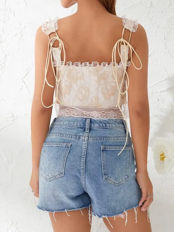 Women Y2k Lace Trim Tank Top Sexy Sleeveless Spaghetti Strap Camisole Slim Fit Tie Up Cami Crop Top Bustier Going Out Tops