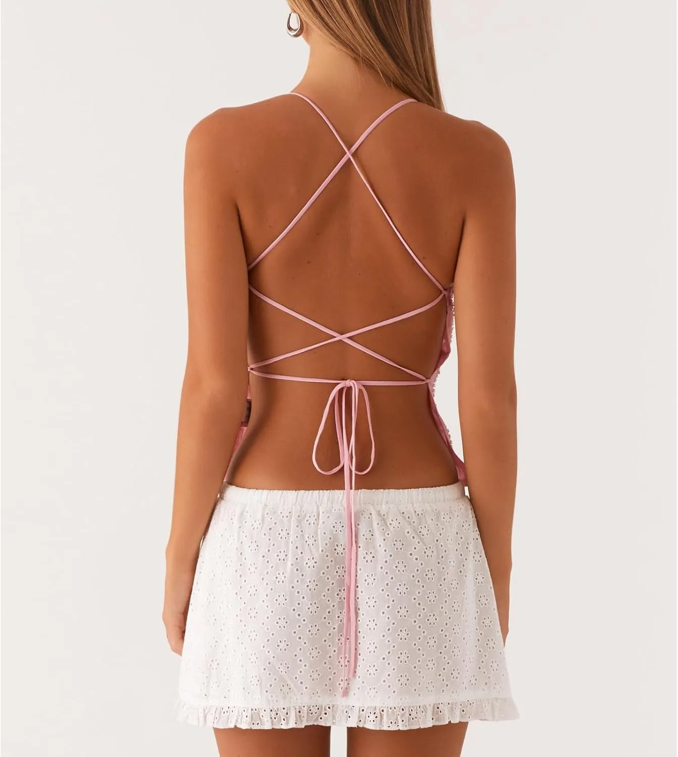 Women Y2K Sequin Tank Top Sexy V Neck Criss Cross Strap Open Back Cami Top Summer Halter Sparkly Low Cut Crop Tops