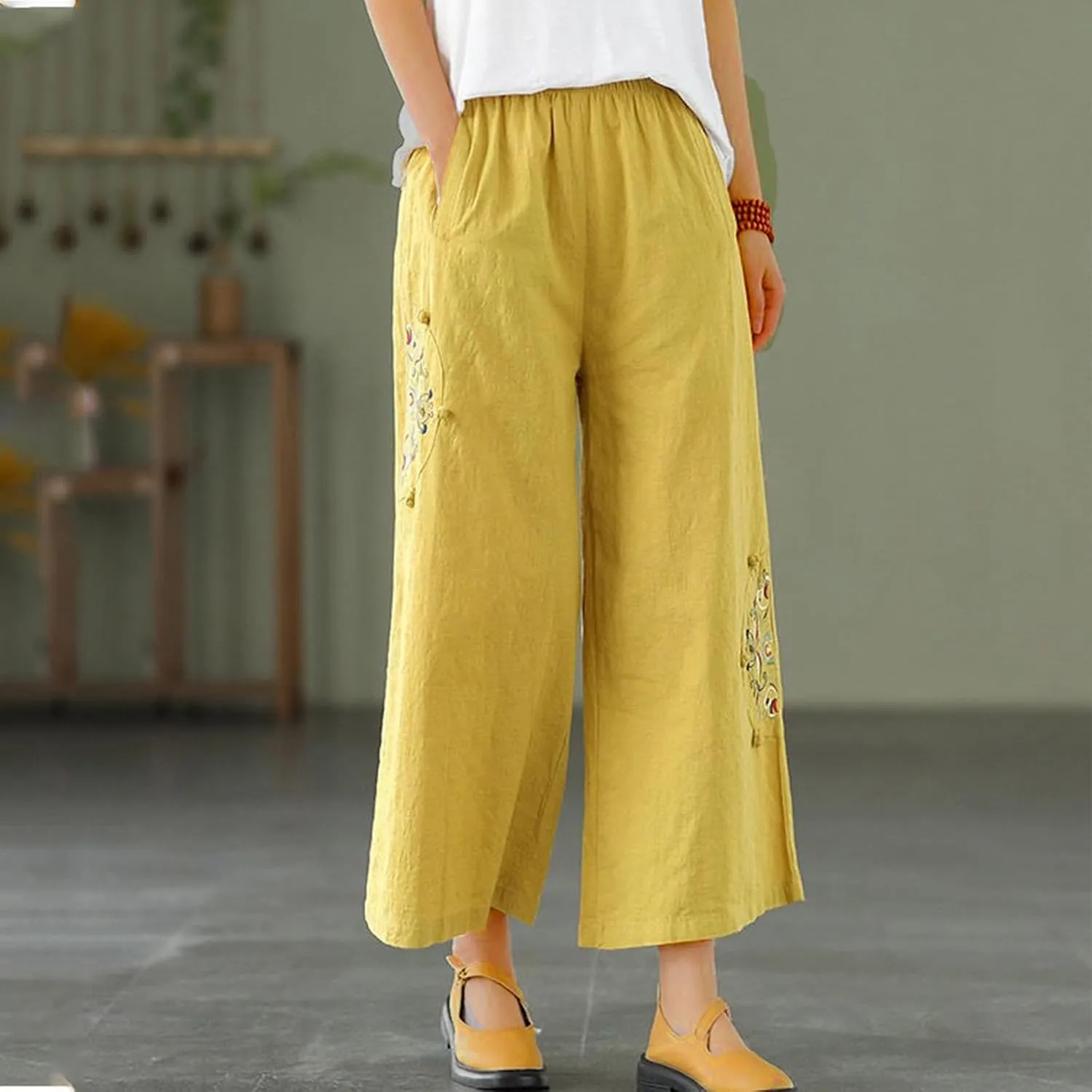 Womens Baggy Linen Pants Summer Trendy High Waist Floral Frint Wide Leg Pant Comfy Lounge Trousers 2025 Beach Vacation
