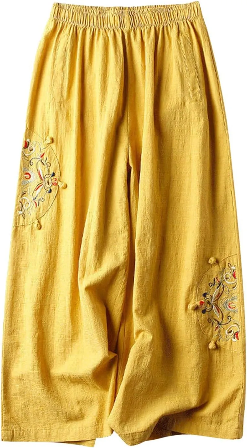 Womens Baggy Linen Pants Summer Trendy High Waist Floral Frint Wide Leg Pant Comfy Lounge Trousers 2025 Beach Vacation