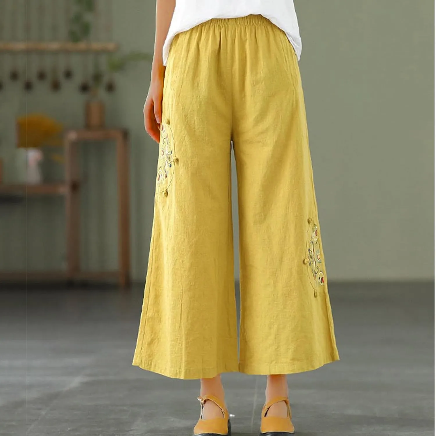 Womens Baggy Linen Pants Summer Trendy High Waist Floral Frint Wide Leg Pant Comfy Lounge Trousers 2025 Beach Vacation