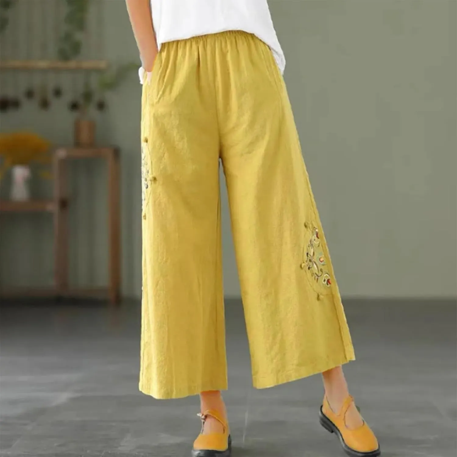 Womens Baggy Linen Pants Summer Trendy High Waist Floral Frint Wide Leg Pant Comfy Lounge Trousers 2025 Beach Vacation