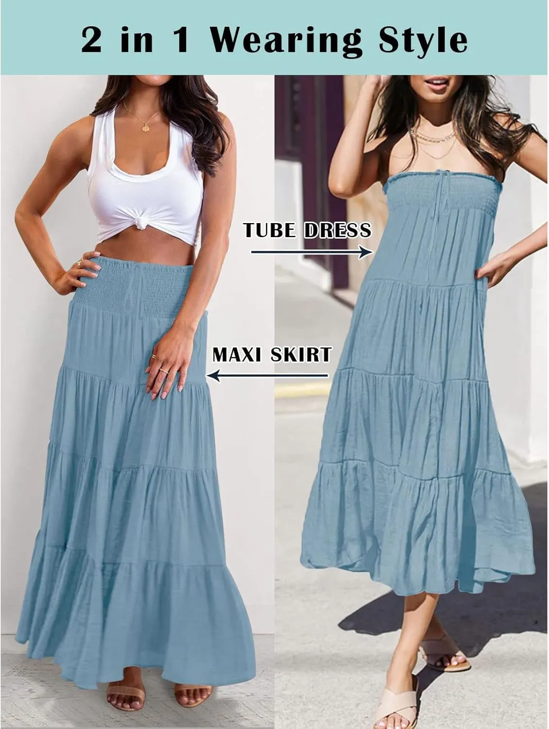 Women's Beach Maxi Skirts Elastic High Waist Drawstring Tired Pleated Skirt Summer Flowy Boho A Line Long Skirt