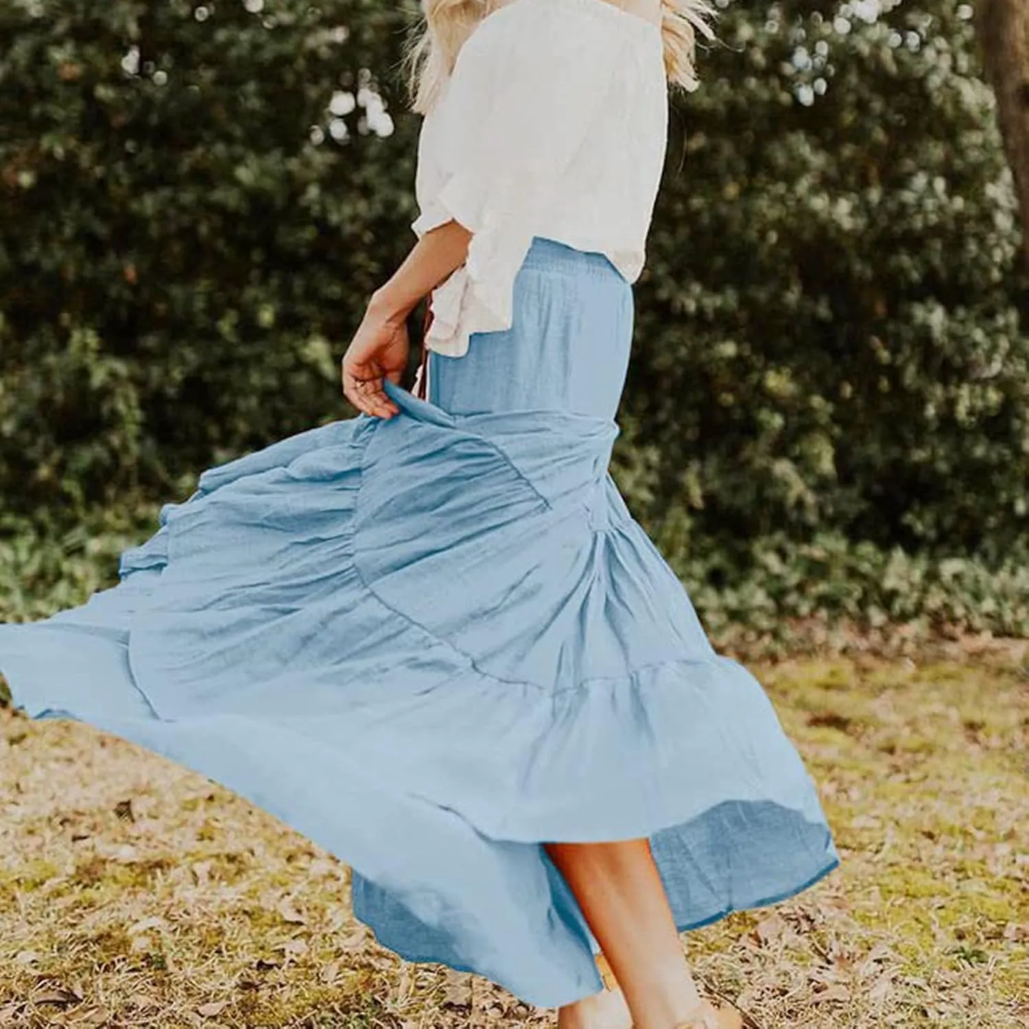 Women's Beach Maxi Skirts Elastic High Waist Drawstring Tired Pleated Skirt Summer Flowy Boho A Line Long Skirt