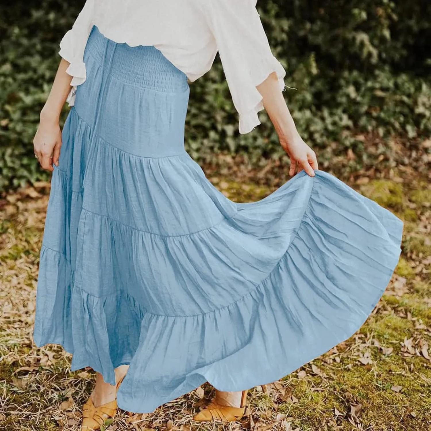 Women's Beach Maxi Skirts Elastic High Waist Drawstring Tired Pleated Skirt Summer Flowy Boho A Line Long Skirt