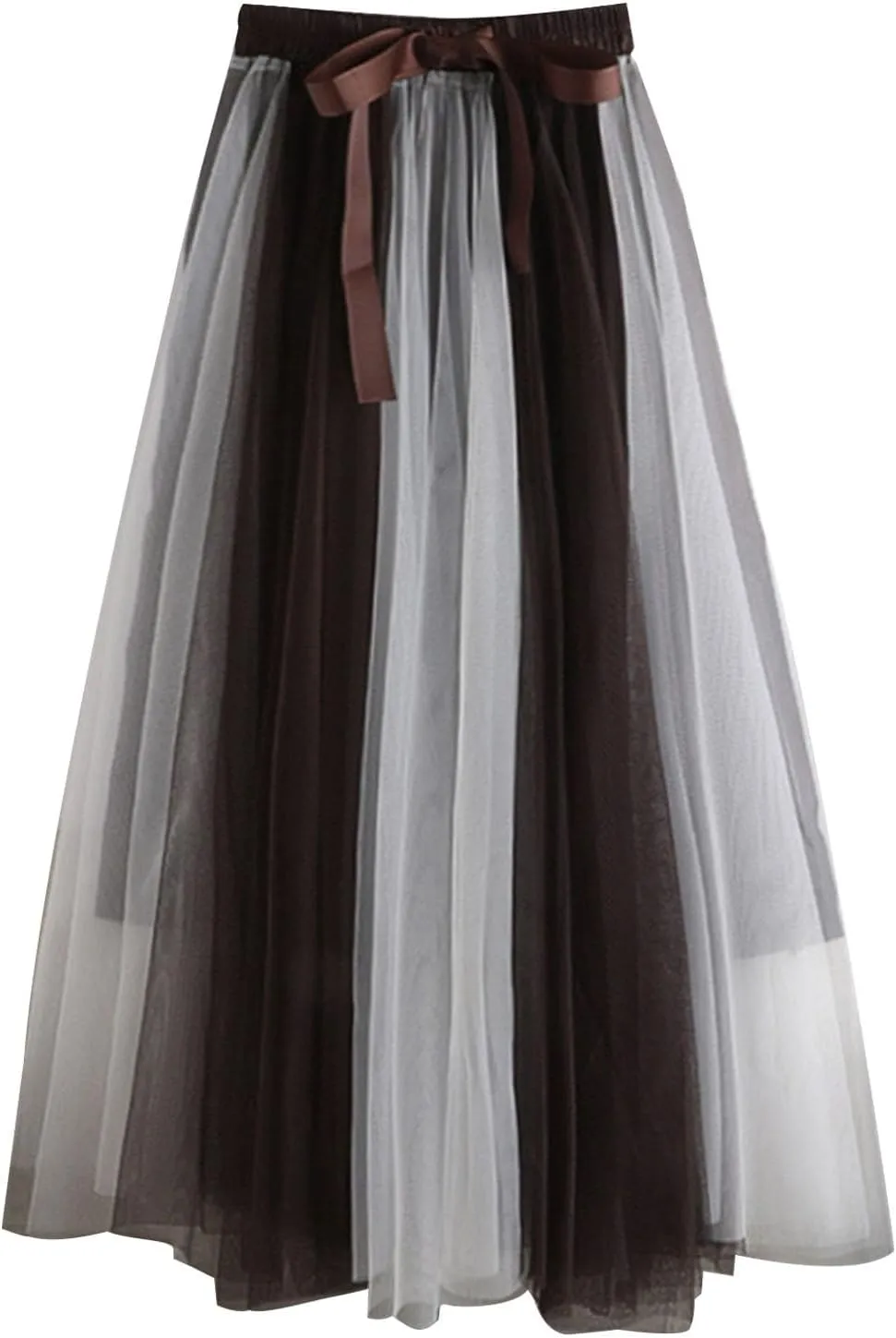 Womens Bow Knot Midi Skirt Color Block Mesh Tulle Skirt Elastic High Waist A-Line Skirts Summer Flowy Ballet Skirt