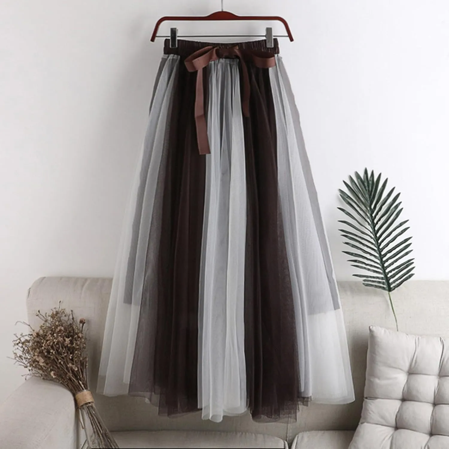 Womens Bow Knot Midi Skirt Color Block Mesh Tulle Skirt Elastic High Waist A-Line Skirts Summer Flowy Ballet Skirt