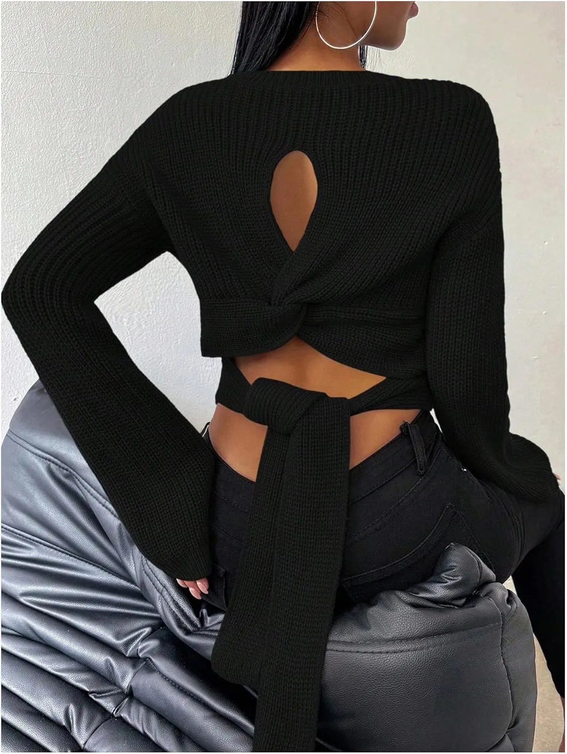 Women's Bowknot Twist Open Back Crop Sweater Crewneck Long Sleeve Fitted Pullover Knit Tops