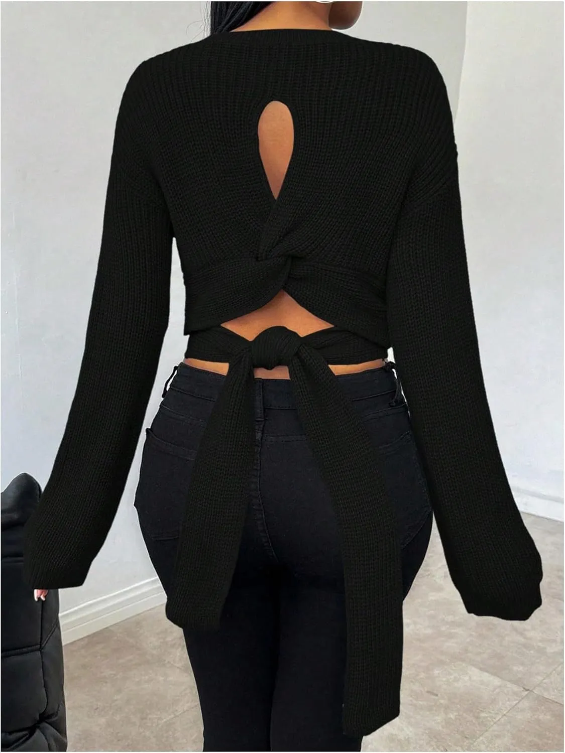 Women's Bowknot Twist Open Back Crop Sweater Crewneck Long Sleeve Fitted Pullover Knit Tops