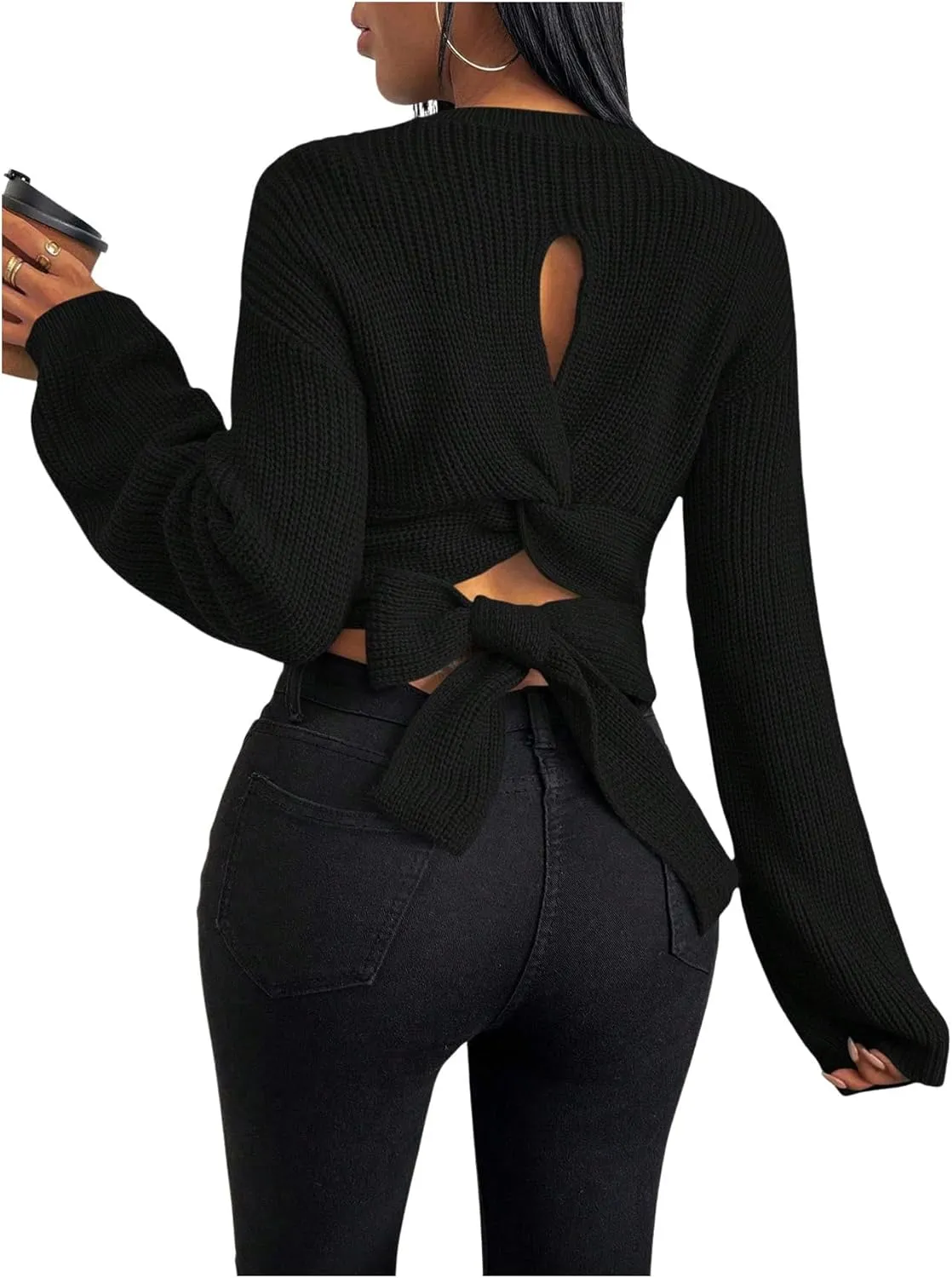 Women's Bowknot Twist Open Back Crop Sweater Crewneck Long Sleeve Fitted Pullover Knit Tops