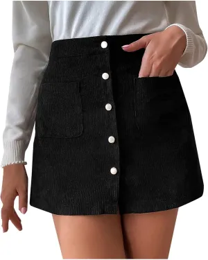 Women's Button Front Corduroy Skirts High Waist Bodycon Mini Skirt with Pockets Y2K Trendy A-Line Skirts Spring Fall