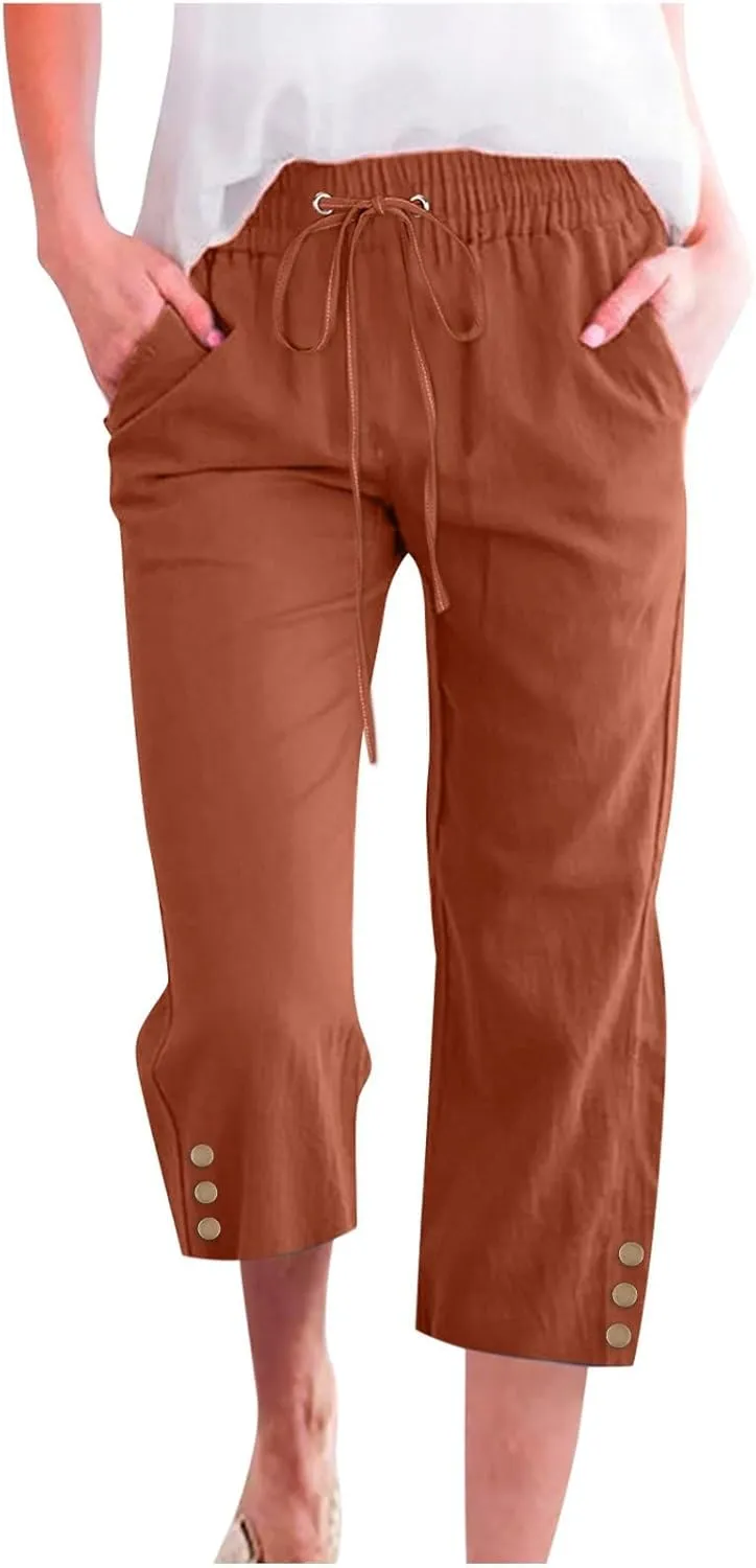 Womens Capri Pants Summer Trendy Casual Cropped Trouser with Pockets Elastic Waist Straight Wide Leg with Buttons