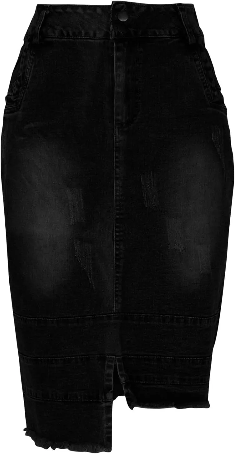 Women's Casual Asymmetrical Jeans Skirt Fashion Irregular Hem High Waist Washed Bodycon Denim Midi Skirt with Pocket