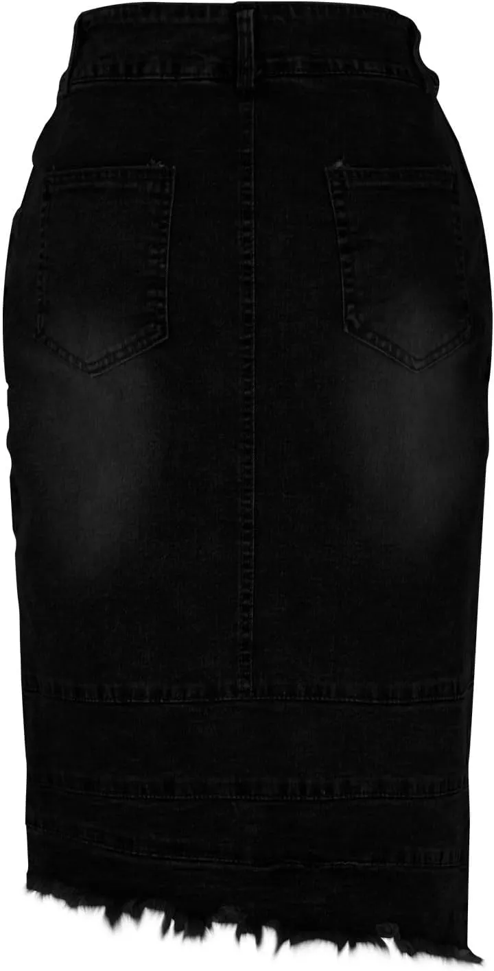 Women's Casual Asymmetrical Jeans Skirt Fashion Irregular Hem High Waist Washed Bodycon Denim Midi Skirt with Pocket