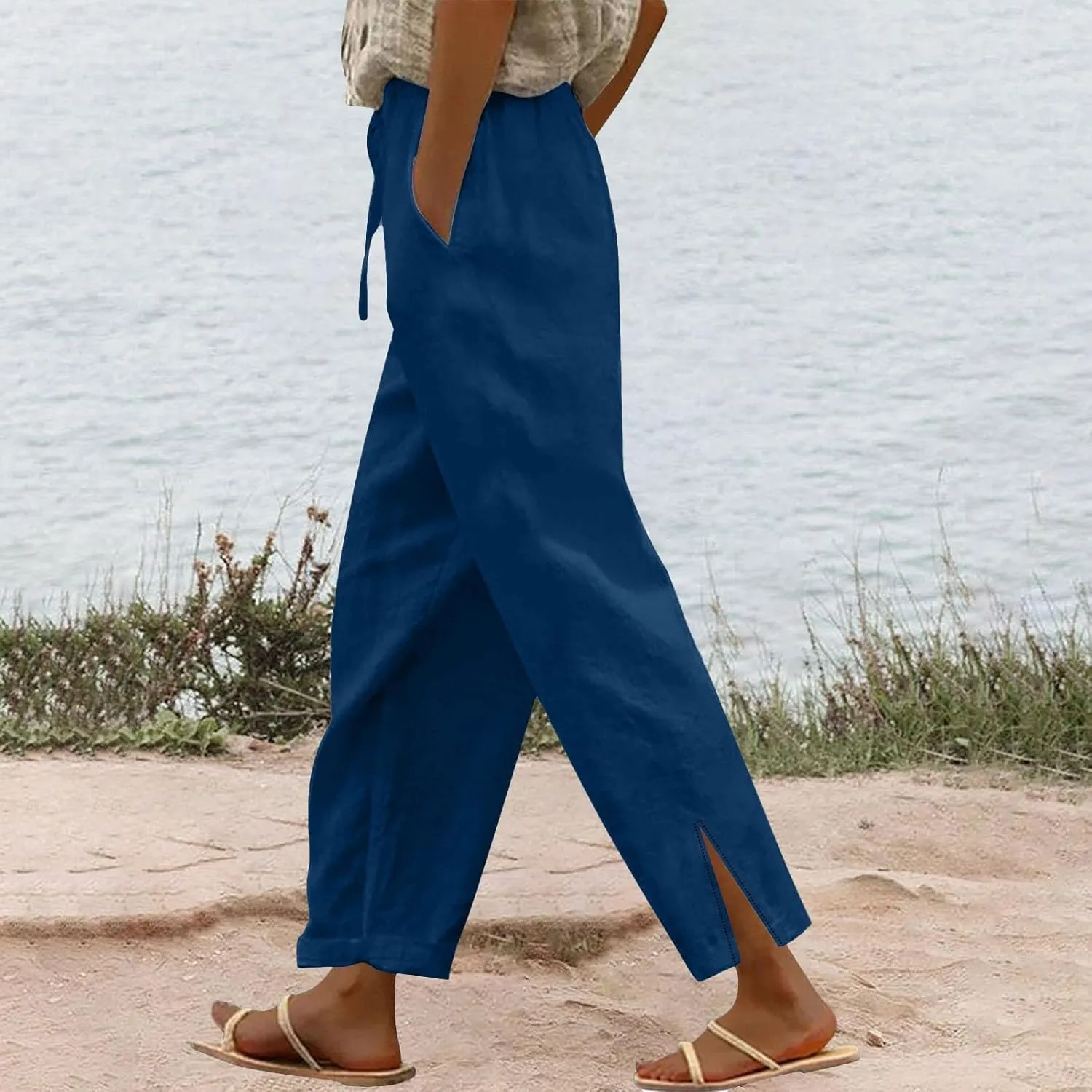 Womens Casual Cotton Linen Pants Lightweight Summer Relax Fit Elastic Waist Plus Size Solid Lounge Long Trousers