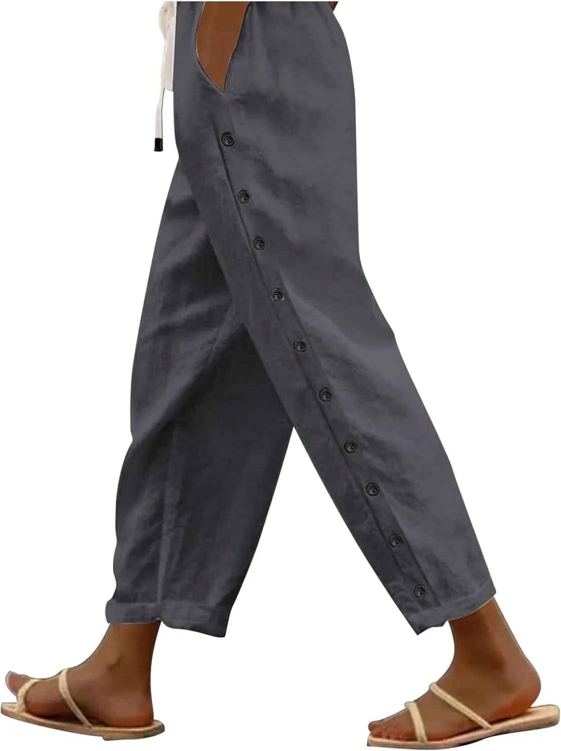 Womens Casual Linen Pants Side Button Summer Trendy Drawstring Elastic Waist Straight Leg Baggy Cropped Trousers