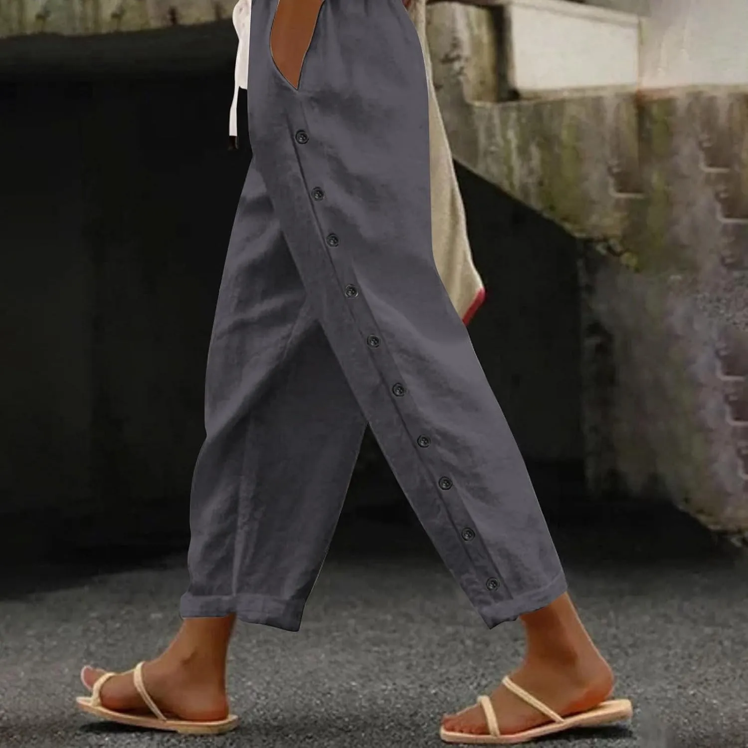 Womens Casual Linen Pants Side Button Summer Trendy Drawstring Elastic Waist Straight Leg Baggy Cropped Trousers