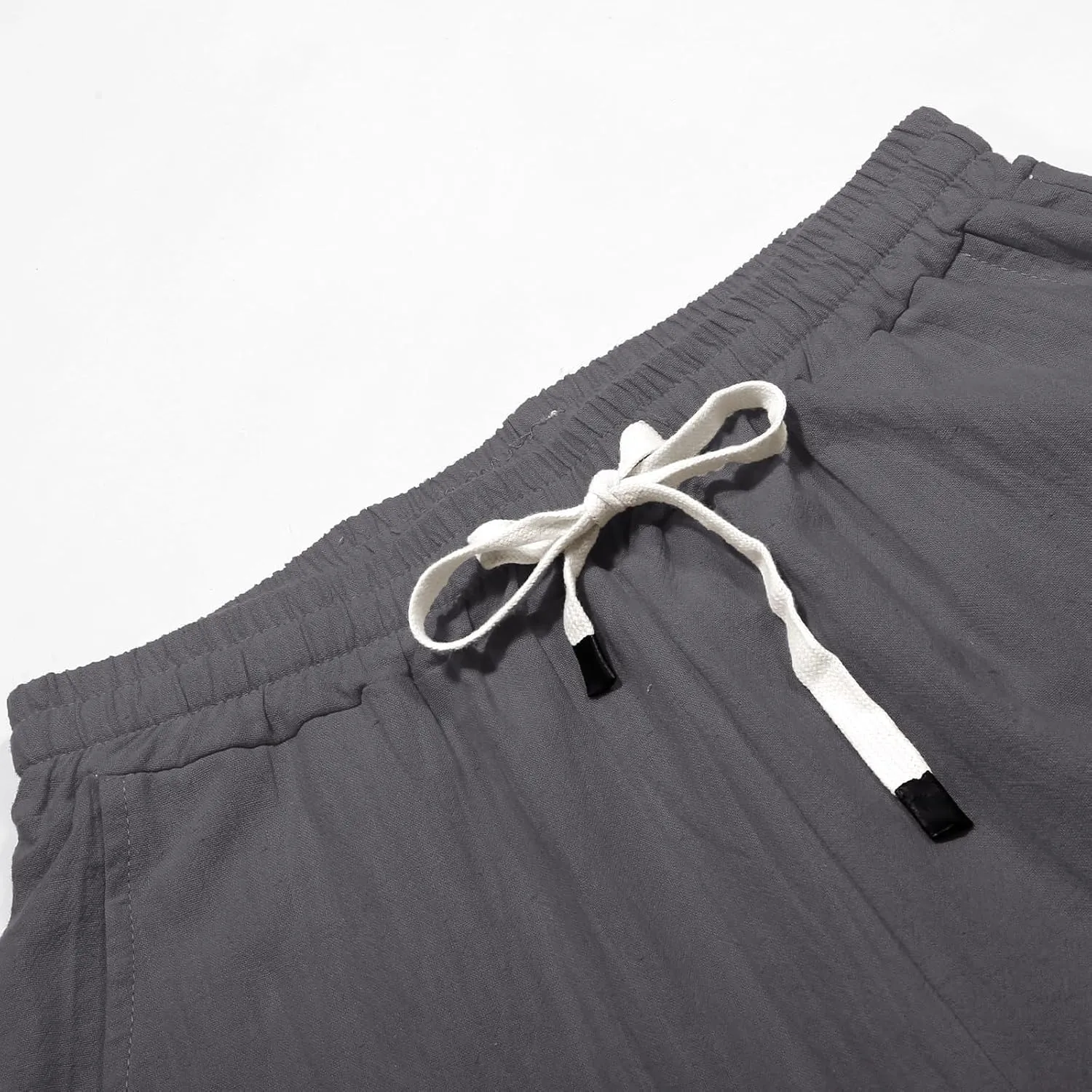 Womens Casual Linen Pants Side Button Summer Trendy Drawstring Elastic Waist Straight Leg Baggy Cropped Trousers