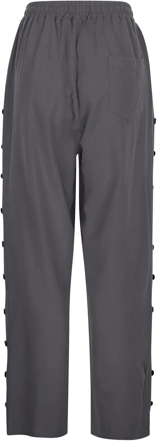 Womens Casual Linen Pants Side Button Summer Trendy Drawstring Elastic Waist Straight Leg Baggy Cropped Trousers