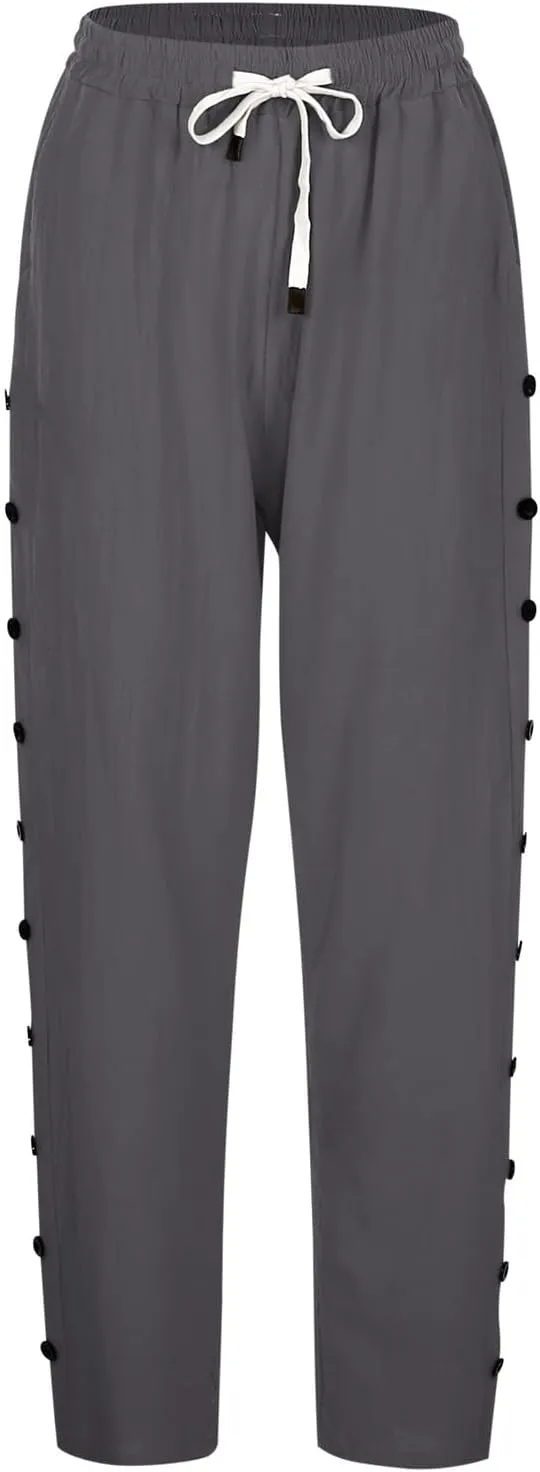 Womens Casual Linen Pants Side Button Summer Trendy Drawstring Elastic Waist Straight Leg Baggy Cropped Trousers