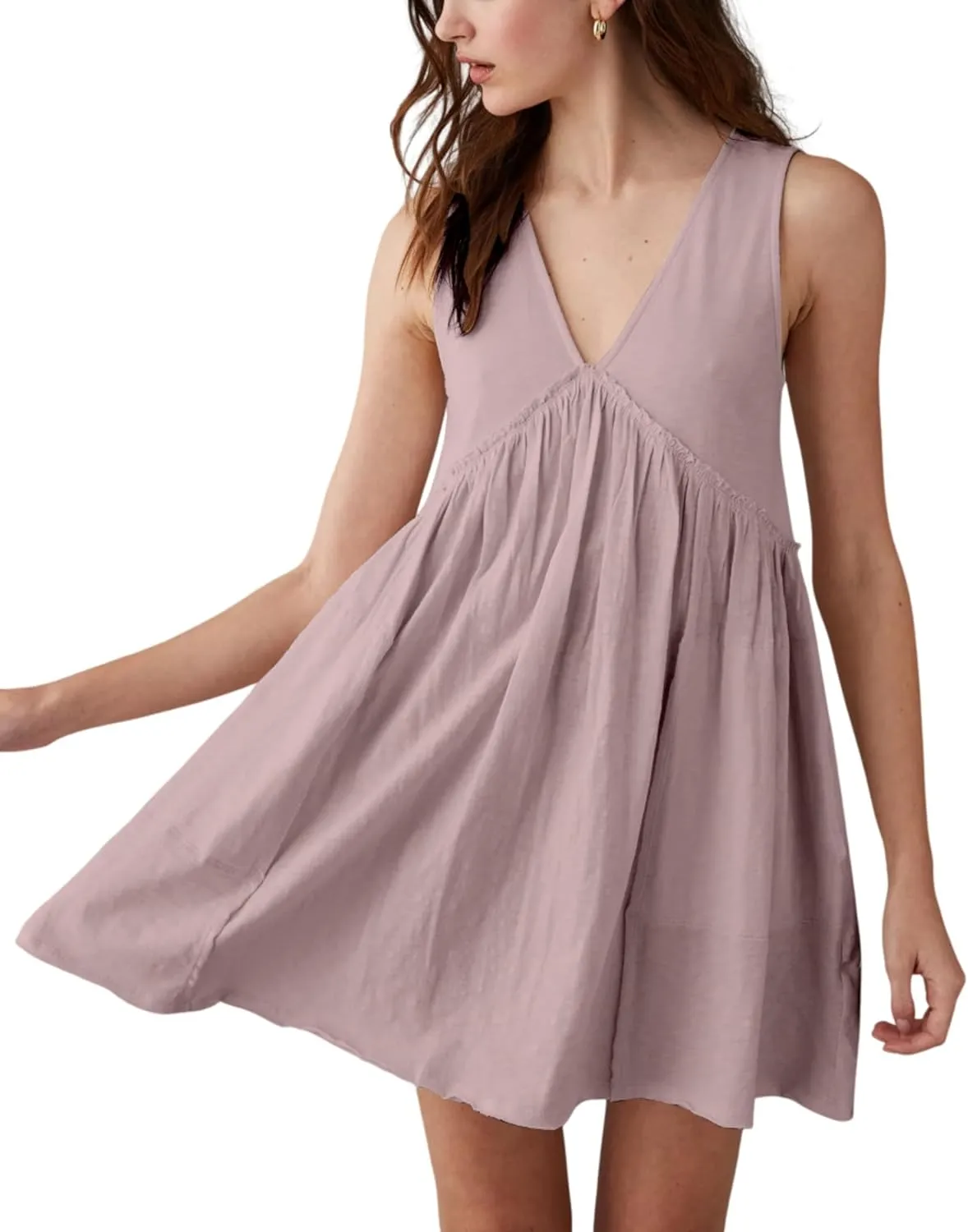 Women's Casual Sleeveless Mini Dress Loose V Neck Backless Pleated Short Tank Sundress with Pockets