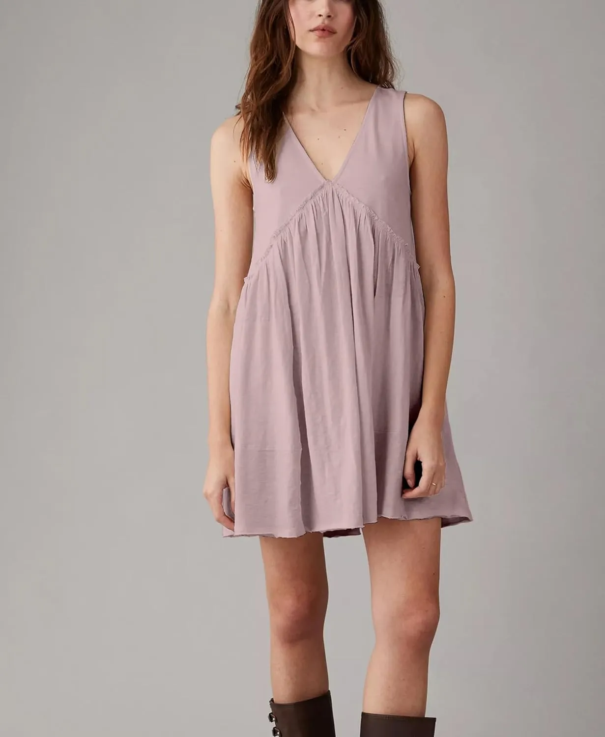 Women's Casual Sleeveless Mini Dress Loose V Neck Backless Pleated Short Tank Sundress with Pockets