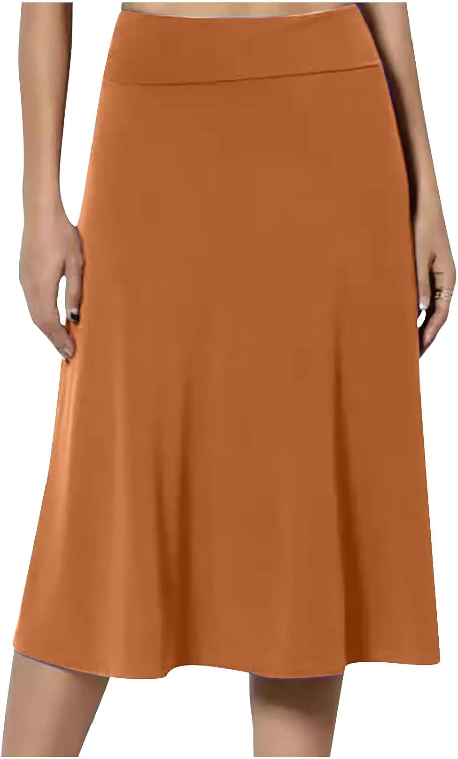 Womens Casual Stretchy Midi Skirt High Waisted Flared Knee Length Work Skirt Spring Summer A-Line Skirts Plus Size