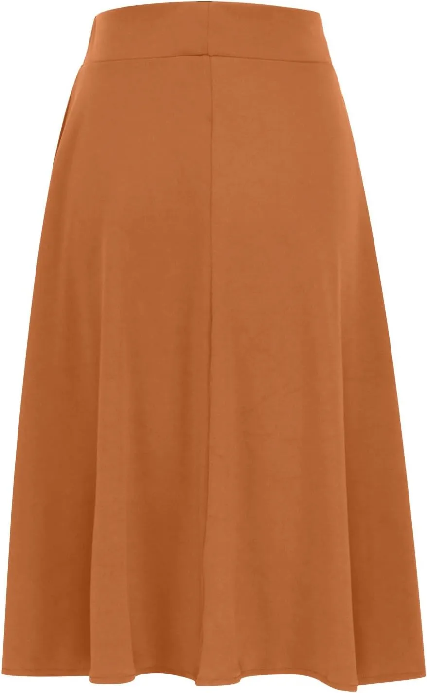 Womens Casual Stretchy Midi Skirt High Waisted Flared Knee Length Work Skirt Spring Summer A-Line Skirts Plus Size