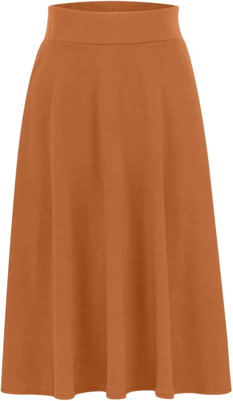 Womens Casual Stretchy Midi Skirt High Waisted Flared Knee Length Work Skirt Spring Summer A-Line Skirts Plus Size