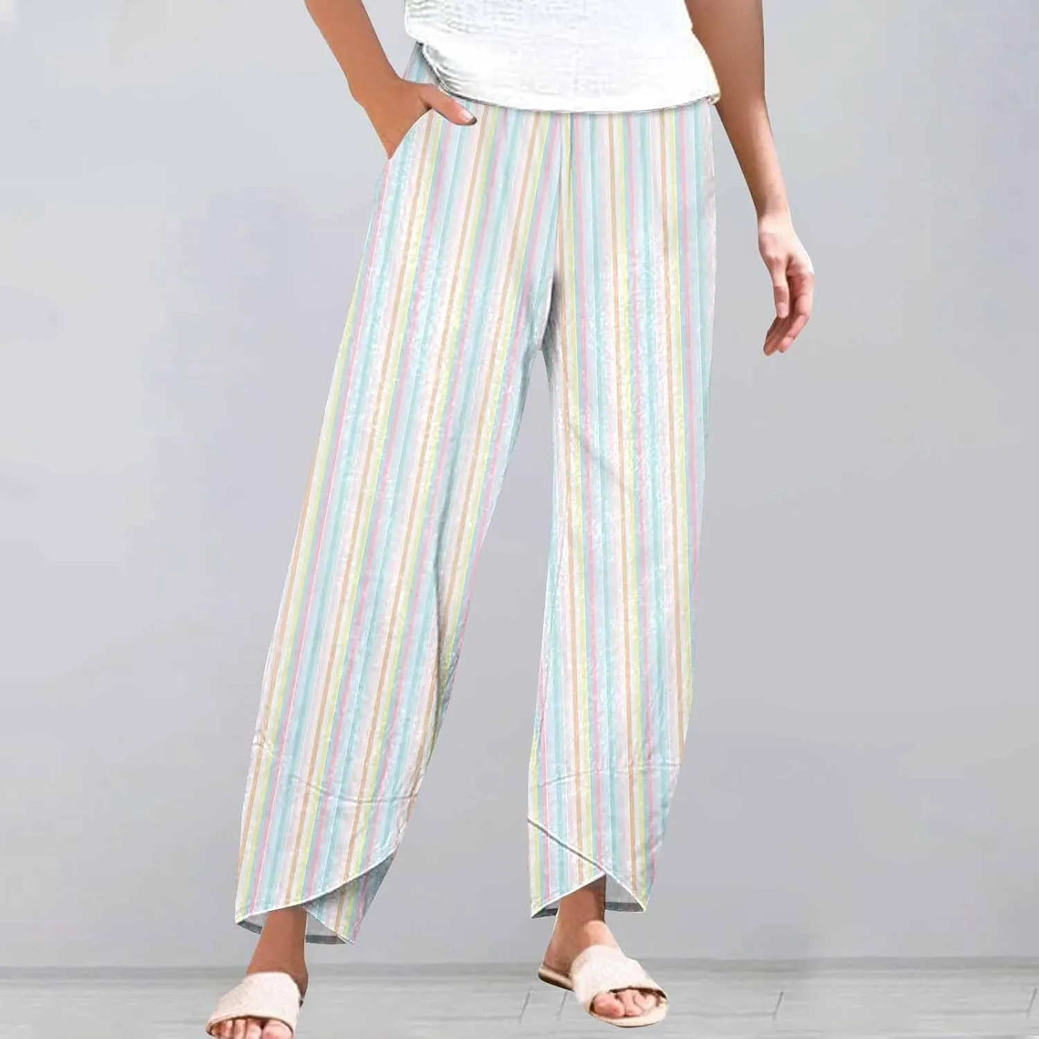 Women's Casual Striped Graphic Cotton Linen High Waisted Loose Pull On Pants Summer Beach Vacation Trendy Trousers