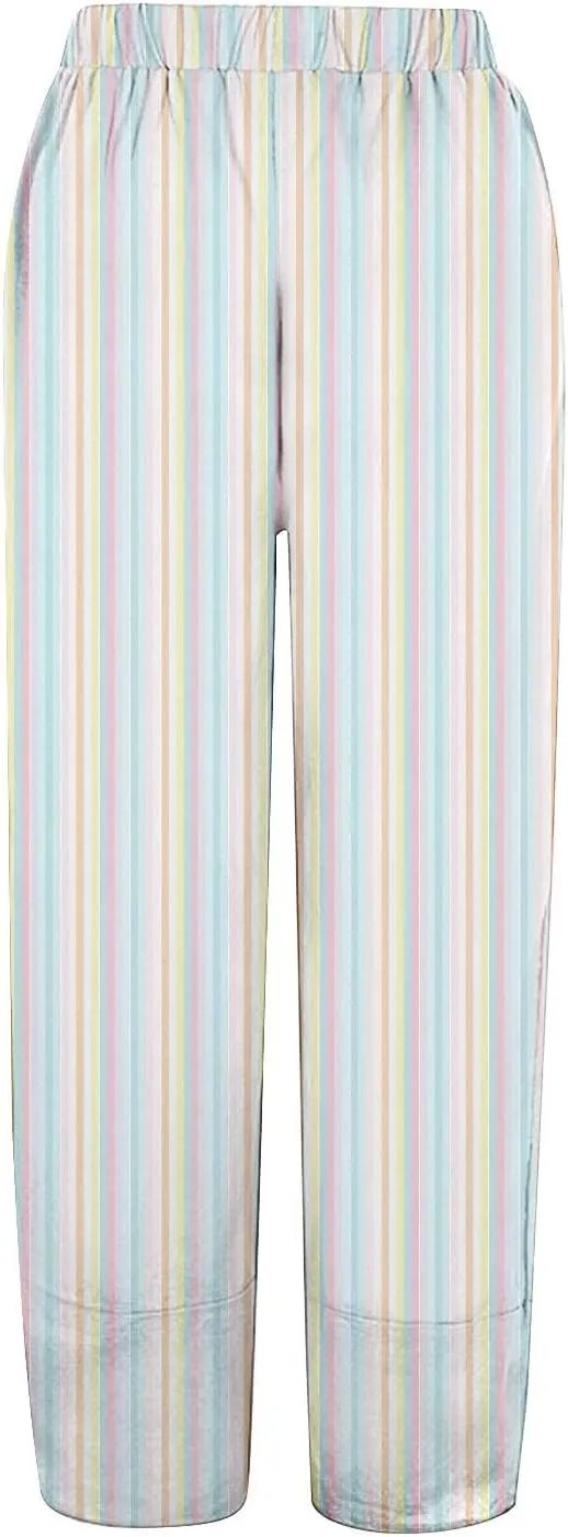 Women's Casual Striped Graphic Cotton Linen High Waisted Loose Pull On Pants Summer Beach Vacation Trendy Trousers