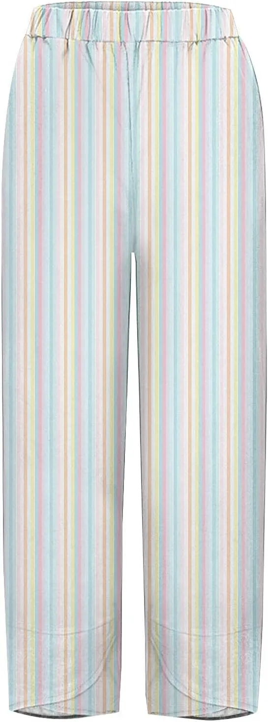 Women's Casual Striped Graphic Cotton Linen High Waisted Loose Pull On Pants Summer Beach Vacation Trendy Trousers