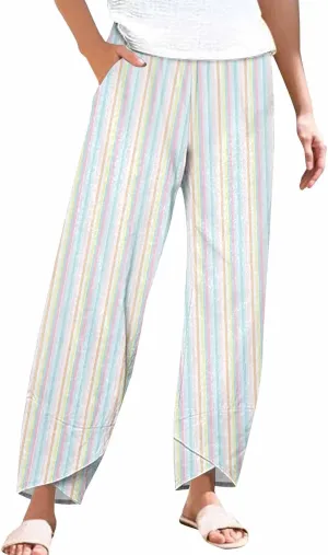 Women's Casual Striped Graphic Cotton Linen High Waisted Loose Pull On Pants Summer Beach Vacation Trendy Trousers