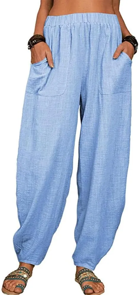 Women's Casual Summer Cotton Linen Lounge Pants High Waist Tapered Leg Beach Trousers with Pockets