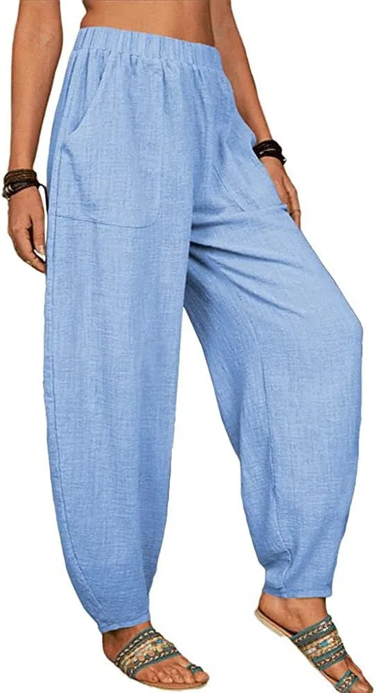 Women's Casual Summer Cotton Linen Lounge Pants High Waist Tapered Leg Beach Trousers with Pockets