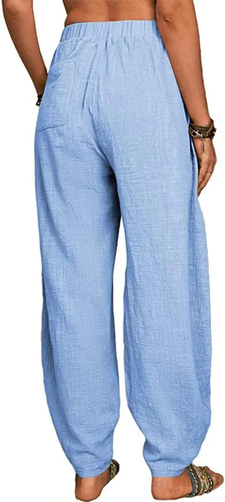 Women's Casual Summer Cotton Linen Lounge Pants High Waist Tapered Leg Beach Trousers with Pockets