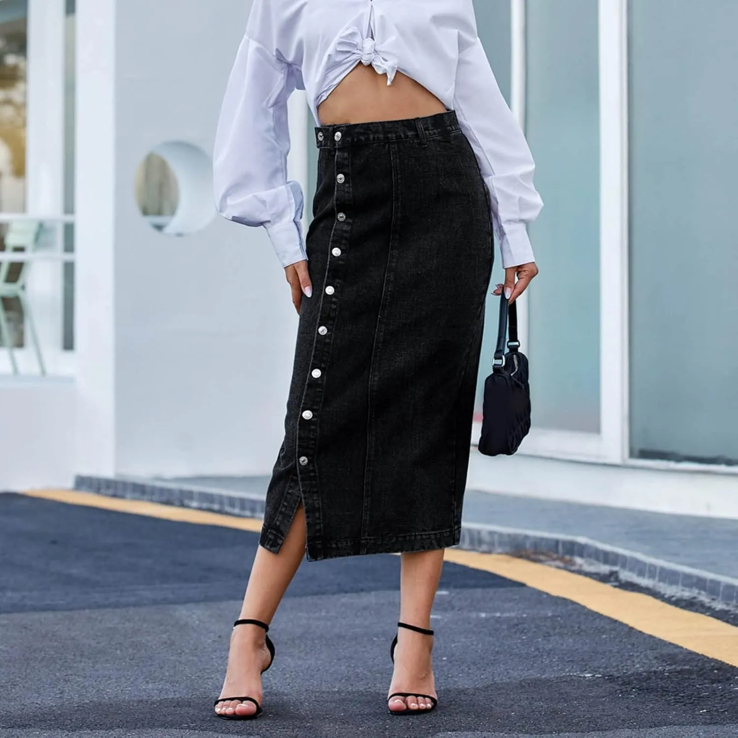 Women's Clothing European and Button Irregular Slit Denim High Waist Long Skirt Casual Circle Skirts for Women