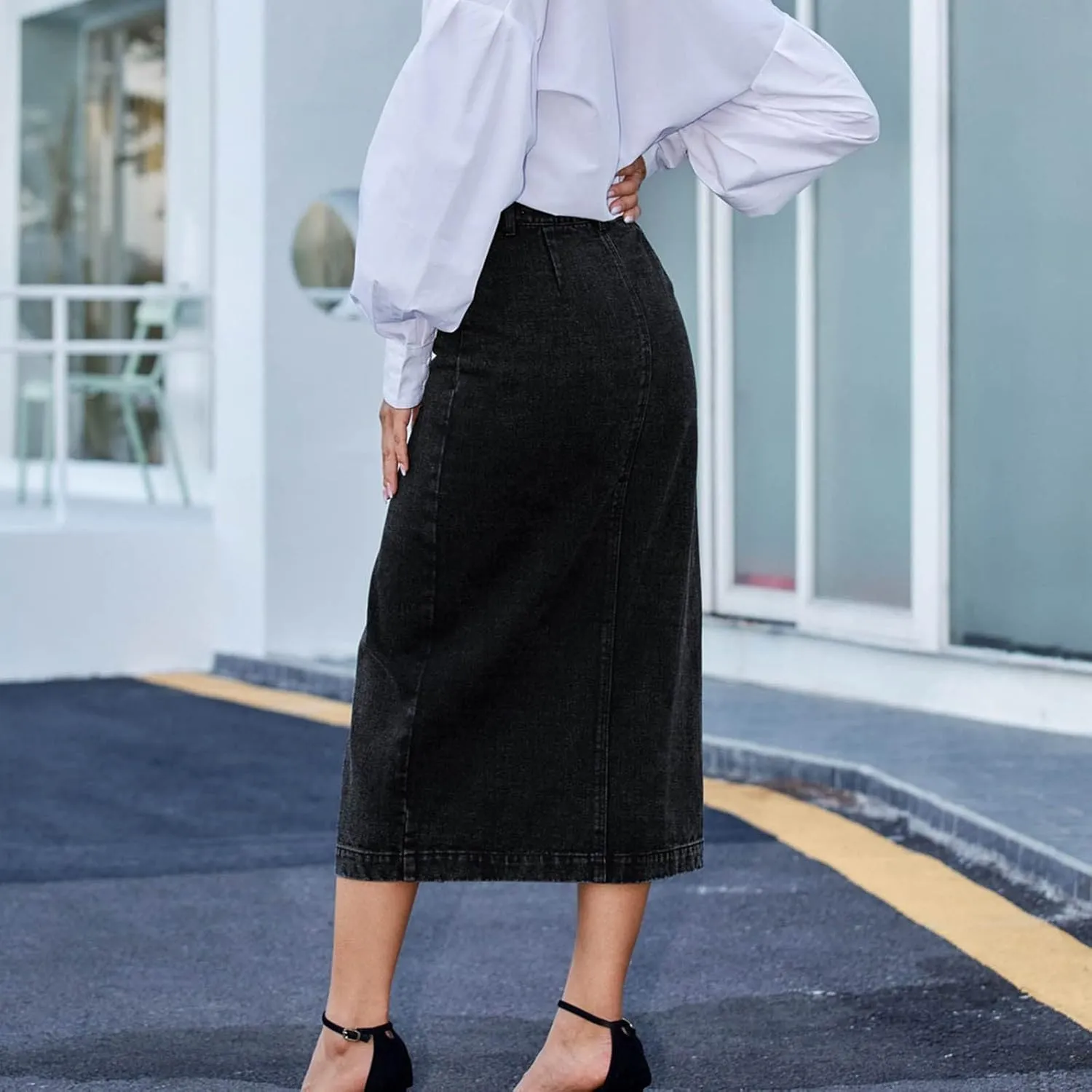 Women's Clothing European and Button Irregular Slit Denim High Waist Long Skirt Casual Circle Skirts for Women