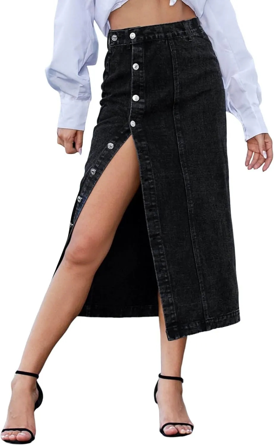Women's Clothing European and Button Irregular Slit Denim High Waist Long Skirt Casual Circle Skirts for Women